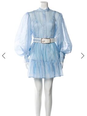 Leo Lin Sheer Light Blue Puff Sleeve Mini Dress Belt Etheral Sz 10 L Silk